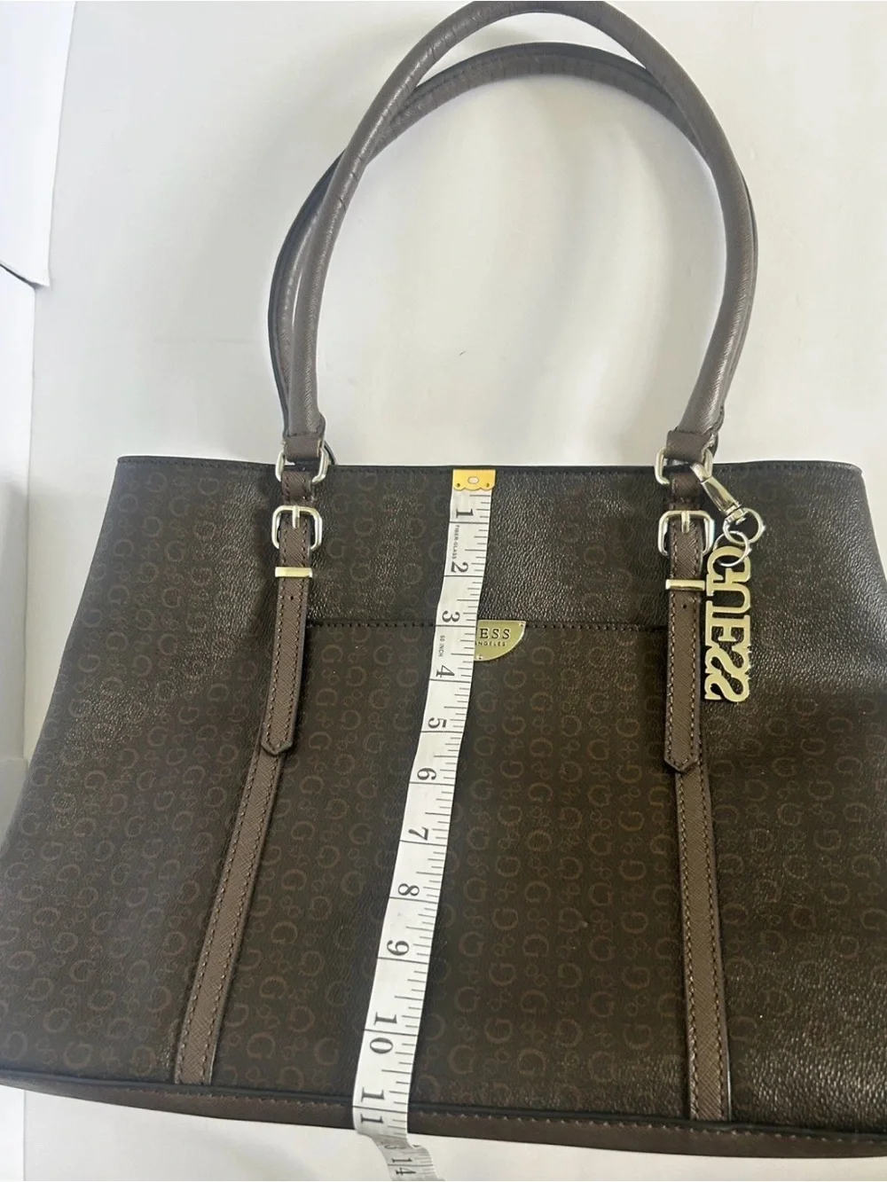 GUESS Brown Logo-Print Tote with Silver Logo Charm